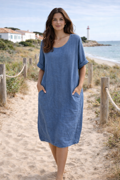ROBE 100% LIN CALVI BLEU JEAN
