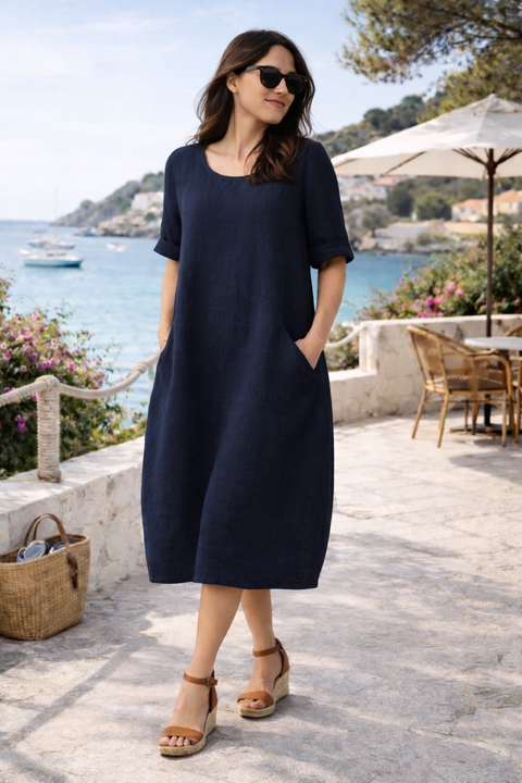 ROBE 100% LIN CALVI BLEU NUIT