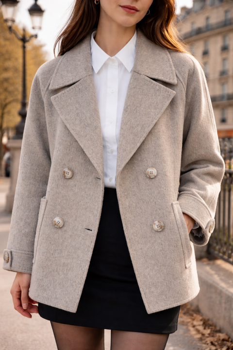MANTEAU COURT LAINE BEIGE GRISÉ