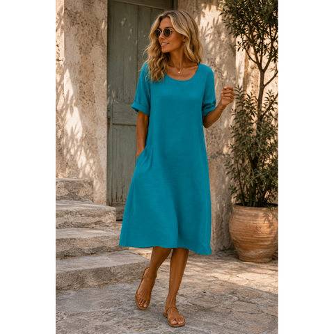 ROBE 100% LIN NATUREL TURQUOISE COLETTE la maison des fibres naturelles