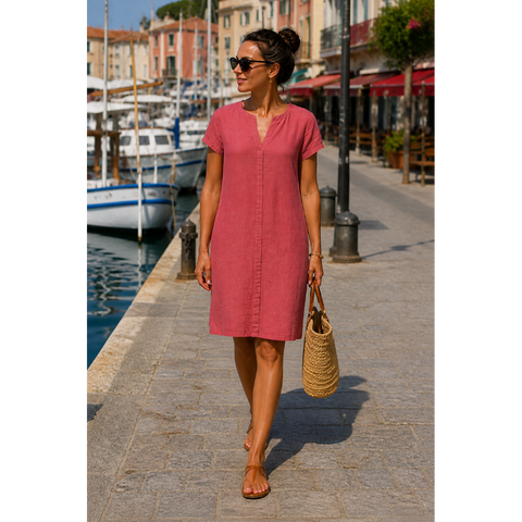 ROBE LIN MANCHES COURTES BRIQUE  la maison des fibres naturelles