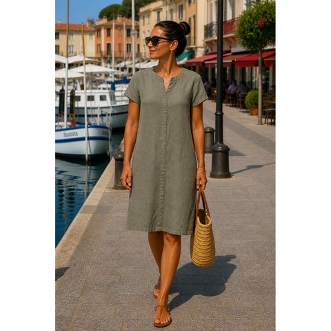 ROBE LIN MANCHES COURTES KAKI COLETTE la maison des fibres naturelles