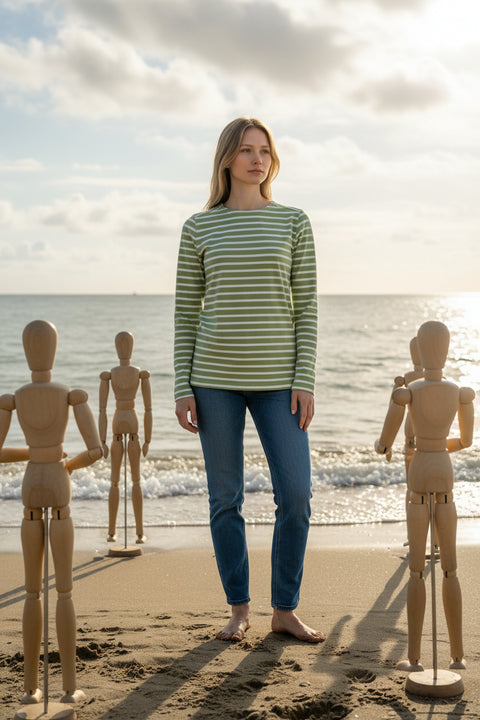 marinière femme verte écru haut de gamme coton épais