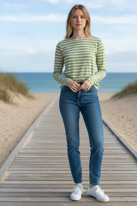 marinière femme rayures vert écru coton épais